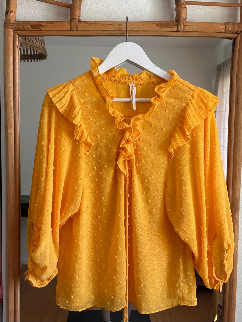 Anthropologie Yellow Ruffle Swiss Dot Blouse